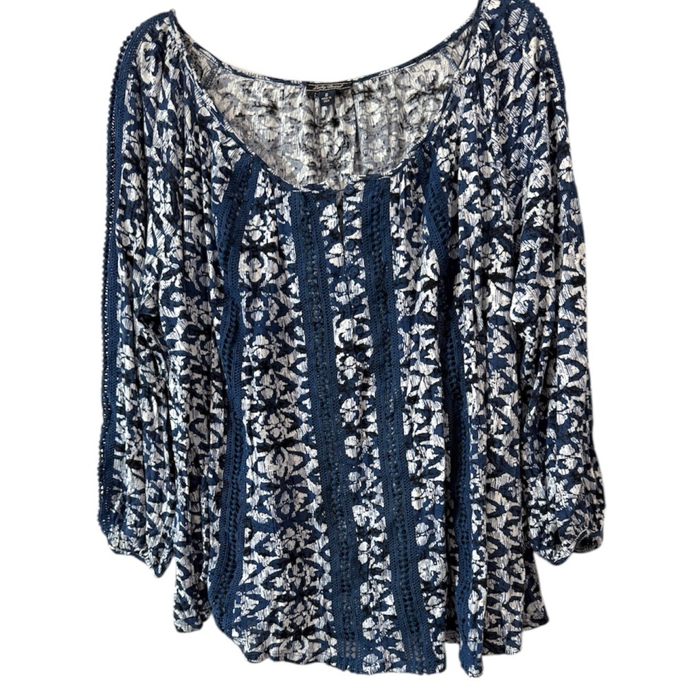 Lucky‎ Brand Women Blue Printed Crochet Detail Peasant Top Blue White Size Small